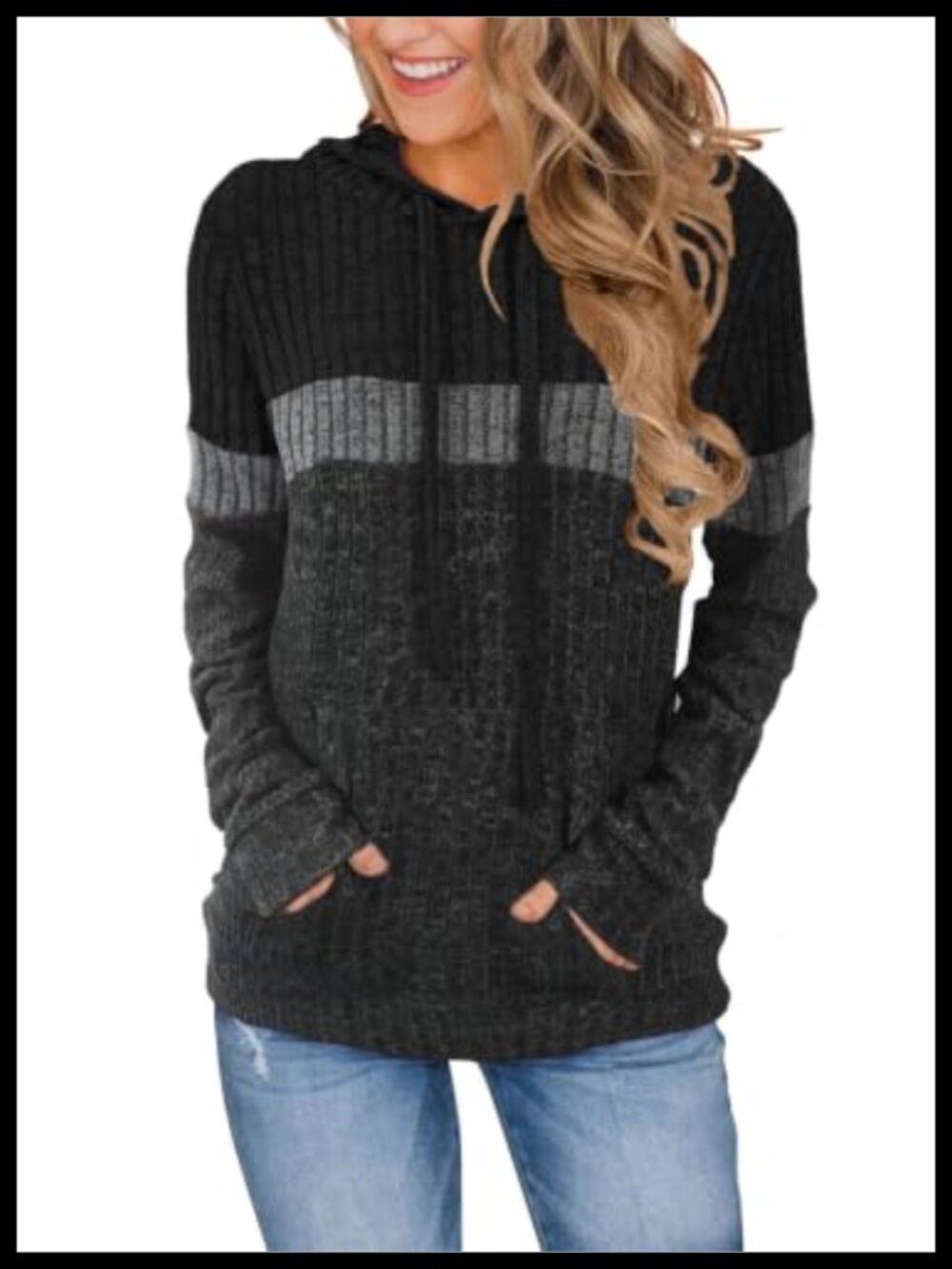 Womens Color Block Knit Hoodie Long Sleeve Pullover Sweater with Pocket